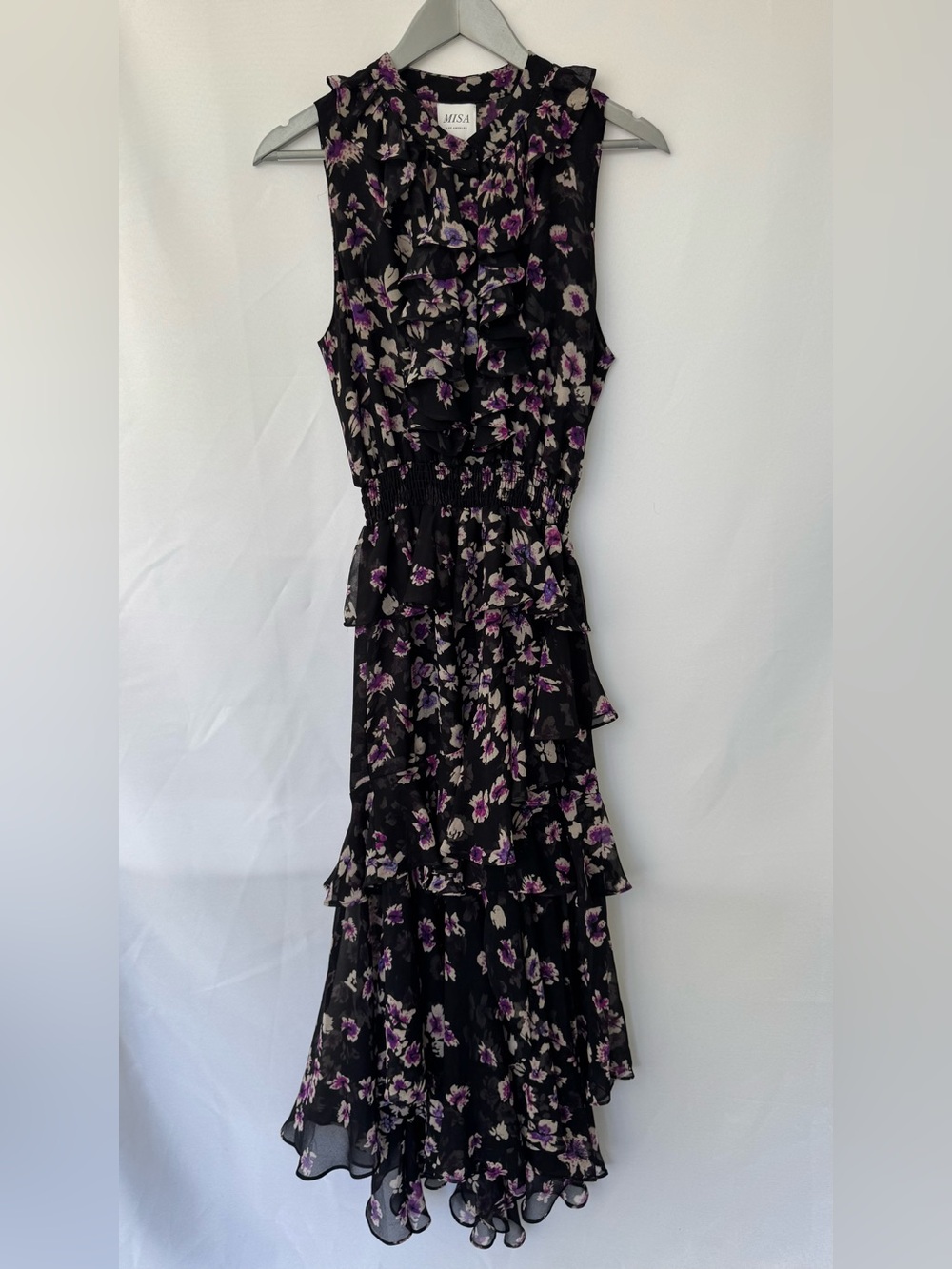 Misa Los Angeles Black Maxi Dress with Purple & Cream Floral Print